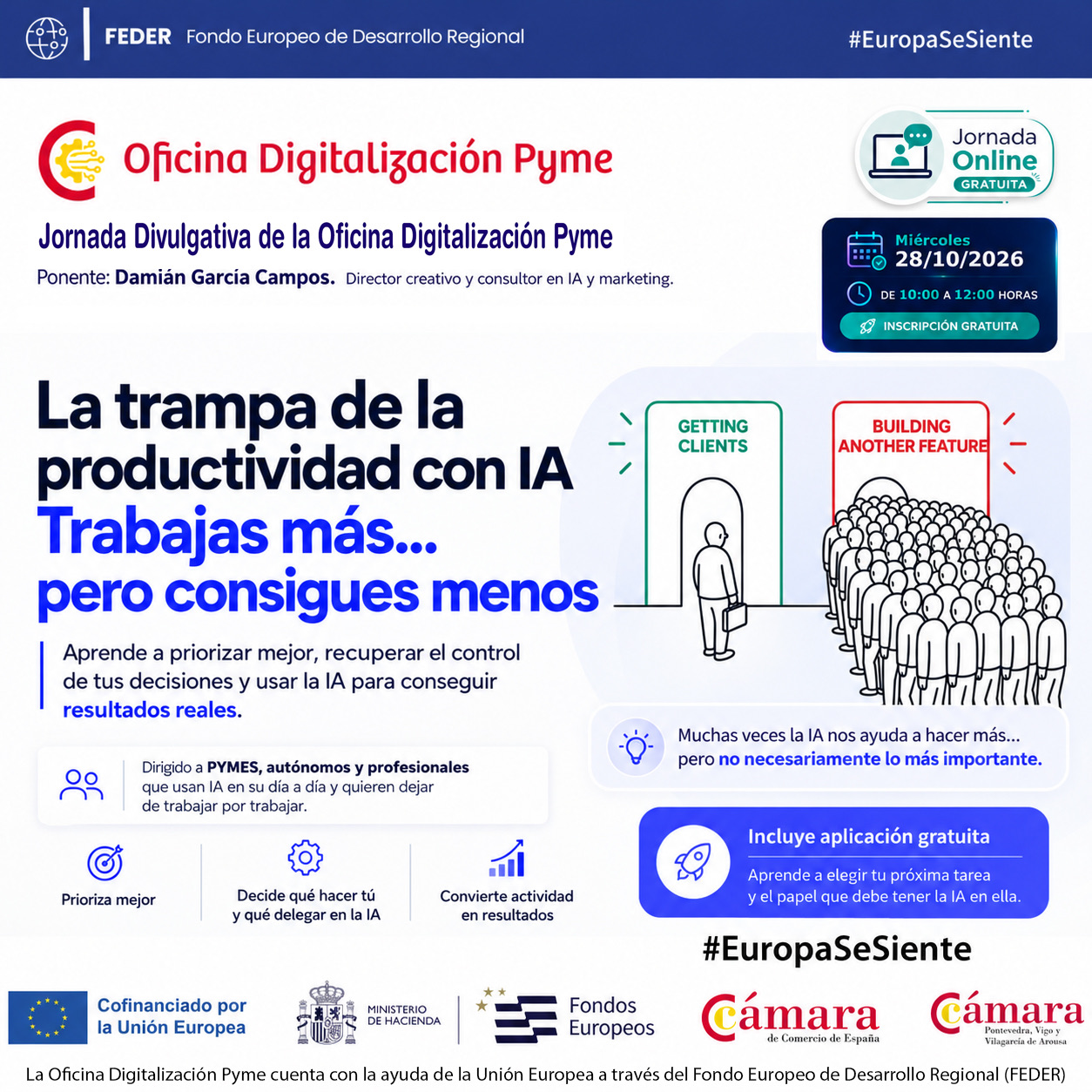 Cartel del taller La trampa de la productividad con IA, impartido por Damián García el 28 de octubre, de 10:00 a 12:00, online y gratuito