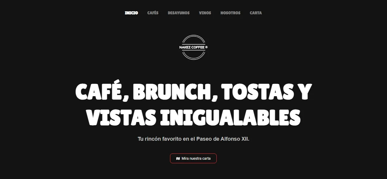 Página de inicio de Nakez Coffee sobre café, brunch y tostadas